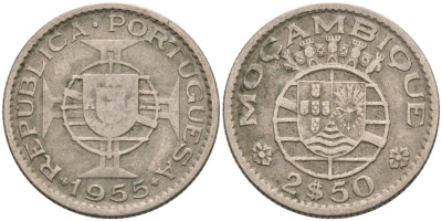 Португальский Мозамбик 2 1/2 эскудо 1955 KM 78 медно-никель 4567-457