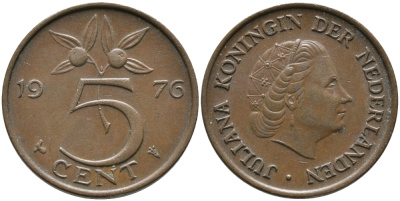 Нидерланды 5 центов 1976 Юлиана (1949-1980) KM 181 бронза 65-1223