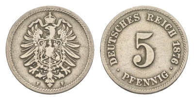 Германия 5 пфеннигов 1876 F, Вильгельм I (1871-1888) KM 3, J. 3 медно-никель 4164-329