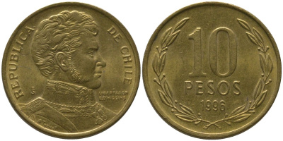 Чили 10 песо 1996 So KM 228.2, Schon 82 алюминиевая бронза aUNC 4544-625