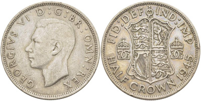 Великобритания 1/2 кроны 1945 Георг VI (1936-1952) KM 856, Spink 4080 серебро 4531-615