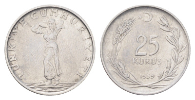 Турция 25 курушей 1959 год-тип KM 892.1 нержавеющая сталь 4706-1114