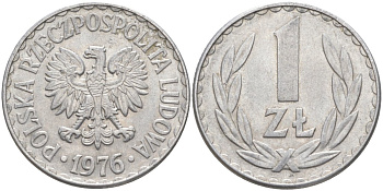 Польша 1 злотый 1976 Кремница KM 49.1, Parchimowicz 213n алюминий 3856-354