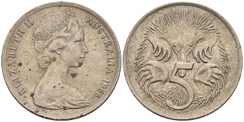 Австралия 5 центов 1966 Елизавета II (1952-) молодой портрет, ехидна KM 64 медно-никель    4154-425