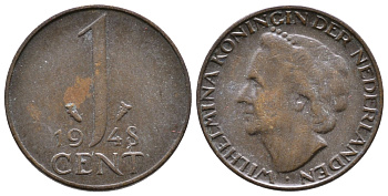 Нидерланды 1 цент 1948 Вильгельмина (1890-1948), год тип KM 175 бронза 177-518