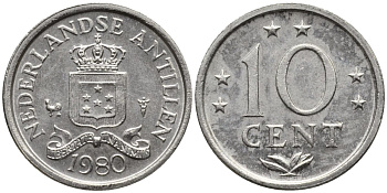 Нидерландские Антилы 10 центов 1980 Беатрикс (1980-2013) KM 10 никель 192-918