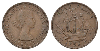 Великобритания 1/2 пенни 1956 Елизавета II (1952-2022) KM 896, Spink 4158 бронза 4675-426