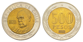 Чили 500 песо 2002 кардинал Рауль Сильва Энрикес (1907-1999) KM 235 биметалл UNC 4641-541