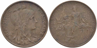 ФРАНЦИЯ 10 САНТИМОВ 1899 ТИП ДАНИЭЛЬ ДЮПЮИ KM 843, LA FRANC 136.8 бронза 109-126