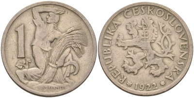Чехословакия 1 крона 1922 женщина со снопом и серпом KM 4 медно-никель 4143-536