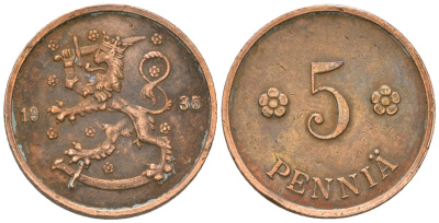 Финляндия 5 пенни 1935 KM 22 медь 4174-529