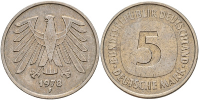 ФРГ 5 марок 1978 F KM 140.1, J. 415 медно-никель 4157-242