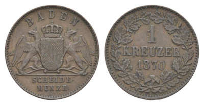 Баден 1 крейцер 1870 Фридрих I (1856-1907) KM 242 медь 4604-944
