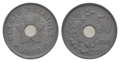 Бельгия 50 сантимов 1918 германская оккупация Первая мировая война, Альберт I (1909-1934) KM 83 цинк 4156-1036