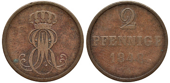 Ганновер 2 пфеннига 1848 A, Эрнст Август (1837-1851) KM 202.2, AKS 125, J. 75 медь 75-1917