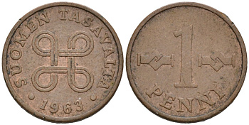 Финляндия 1 пенни 1963 первый год KM 44 медь 4564-853