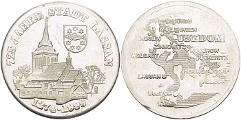 ГЕРМАНИЯ МЕДАЛЬ 1999 725 ЛЕТ ГОРОДУ ЛАССАН, В ЗЕМЛЕ МЕКЛЕНБУРГ (ПЕРЕДНЯЯ ПОМЕРАНИЯ)(1274-1999), ДИАМЕТР 35 ММ. медно-никель 4527-611