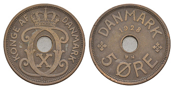 Дания 5 эре 1928 N, Кристиан X (1912-1947) KM 828 бронза 4657-242