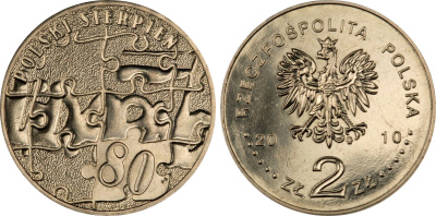 Польша 2 злотых 2010 MW, 30 лет политическому кризису в августе 1980 KM 737 нордик UNC 4676-731
