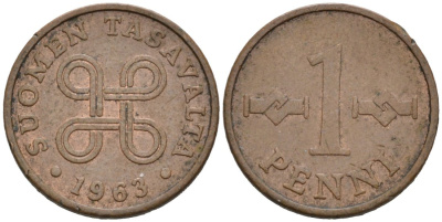 Финляндия 1 пенни 1963 первый год KM 44 медь 4564-853
