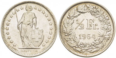 Швейцария 1/2 франка 1964 KM 23 серебро 3309-657
