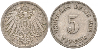 ГЕРМАНИЯ 5 ПФЕННИГОВ 1906 A, KM 11, J. 12 медно-никель 73-1765