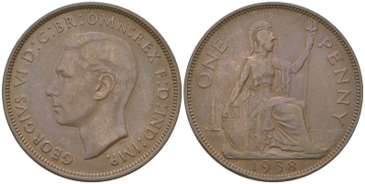 Великобритания 1 пенни 1938 Георг VI (1936-1952) KM 845, Spink 4114 бронза    69-1123
