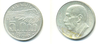 БРАЗИЛИЯ 5000 РЕЙС 1936 АЛЬБЕРТО САНТОС-ДЮМОН ПИОНЕР АВИАЦИИ (ПЕРВЫЙ УПРАВЛЯЕМЫЙ ВОЗДУШНЫЙ ШАР) KM 543 серебро 89-1325