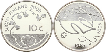 Финляндия 10 евро 2005 60 лет мира в Европе, голубь мира KM 120 серебро PROOF 11-152-43