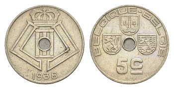 Бельгия 5 сантимов 1938 Belgique - Belgie, Альберт I (1909-1934) KM 110 никель латунь 4169-419
