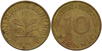ФРГ 10 пфеннигов 1978 D J. 383, KM 108 сталь плакированная латунью    4603-436