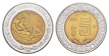 Мексика 5 песо 2003 Mo KM 605 биметалл UNC 4637-654
