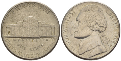 США 5 ЦЕНТОВ 1996 Р, ДЖЕФФЕРСОН KM А192 медно-никель 31-716