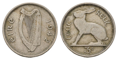 Ирландия 3 пенса 1942 заяц KM 12a медно-никель 4682-539