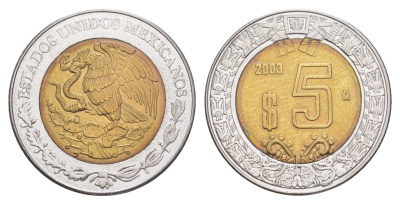 Мексика 5 песо 2003 Mo KM 605 биметалл UNC 4637-654