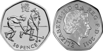 Великобритания 50 пенсов 2011 XXX летние Олимпийские игры в Лондоне в 2012 году, хокей на траве, в оригинальном картонном буклете, с Олимпийской голограммой (16/29) KM 1171 медно-никель  UNC  3-6-6-07