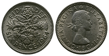 Великобритания 6 пенсов 1964 Елизавета II (1952-2022) KM 903, Spink 4149 медно-никель 4381-814