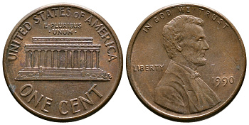 США 1 цент 1990 Линкольн KM 201b цинк плакированный медью    4608-425