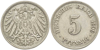 ГЕРМАНИЯ 5 ПФЕННИГОВ 1909 D KM 11, J. 12 медно-никель 105-137