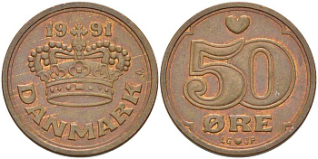 Дания 50 эре 1991 Маргрете II (1972- ) KM 866.2 бронза 94-1226