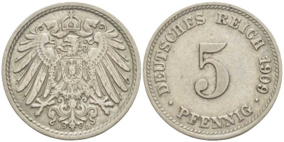 ГЕРМАНИЯ 5 ПФЕННИГОВ 1909 D KM 11, J. 12 медно-никель 105-137