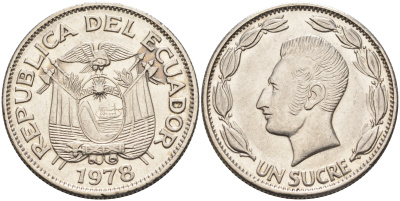 Эквадор 1 сукре 1978 Антонио Хосе Сукре KM 78b сталь плакированная никелем 4595-651