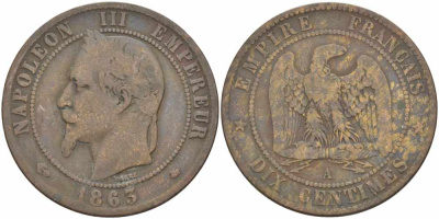 Франция 10 сантимов 1863 A, Наполеон III (1852-1870) KM 798.1, Le Franc 134.8 бронза 4394-1113
