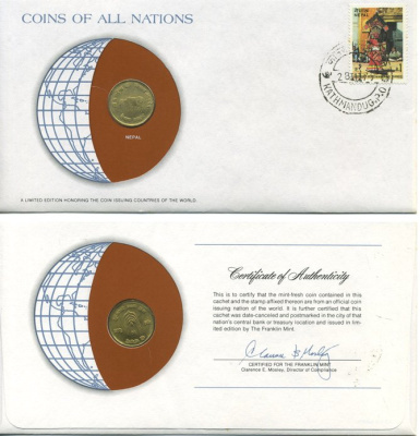 НЕПАЛ 10 ПАЙСА 1971 монета в конверте с маркой и спецгашением UNC 4294-9-3