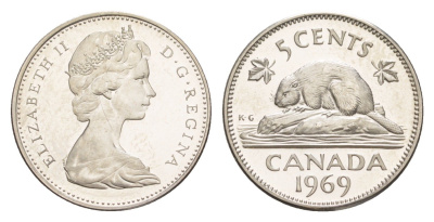 Канада 5 центов 1969 Елизавета II (1952-2022), бобр KM 60.1 никель PROOF 4639-454