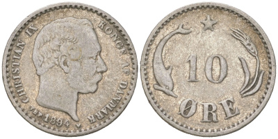Дания 10 эре 1894 Кристиан IX (1863-1906) KM 795 серебро 4621-1028