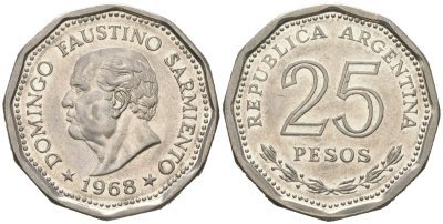 Аргентина 25 песо 1968 80 лет со дня смерти Доминго Фаустино Сармиенто KM 63 сталь плакированная никелем 4121-1155