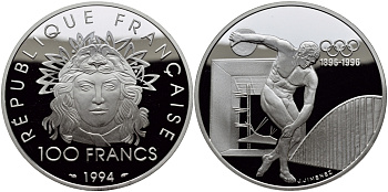 Франция 100 франков 1994 100 лет Олимпийскому движению (1896-1996), дискобол KM 1047 серебро PROOF 02-035-31