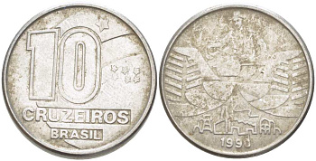 Бразилия 10 крузейро 1990 золотодобыча KM 619.1 нержавеющая сталь 3996-741