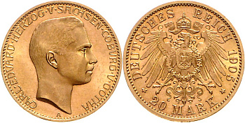 Саксен-Кобург-Гота 20 марок 1905 Карл Эдуард (герцог Саксен-Кобург-Готский) J. 274, KM 155 золото UNC 10-010-77